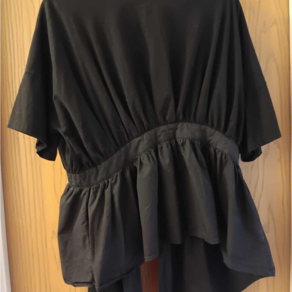 Black Asymmetrical Peplum Blouse with Flutter Sleeves